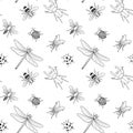 Vector seamless black and white pattern of different hand drawn doodle insects Royalty Free Stock Photo